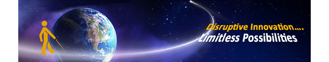 Orbit Research Home Page Banner showing the caption "Disruptive Innovation…Limitless Possibilities" and a graphic depicting a blind person with a cane walking along a comet trail going around earth and reaching for distant stars