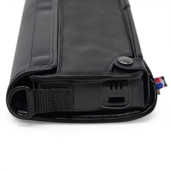Leather case side view where you need to insert the USB cable