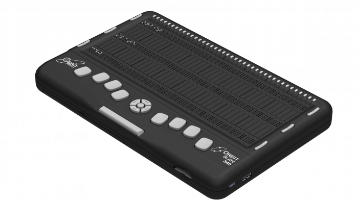 Right side Isometric view of the Orbit Slate 340 device, showcasing the cursor routing key, braille display, panning keys and Perkins Style Keyboard