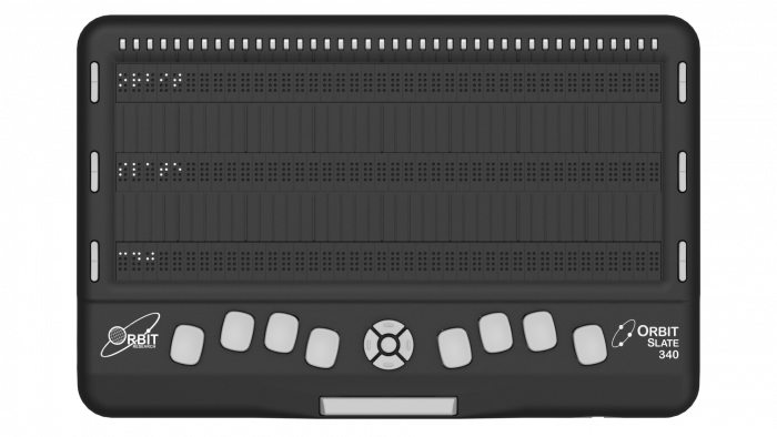 Orbit Slate 340 device displaying braille display, cursor routing keys, panning keys and Perkin Style Keyboard