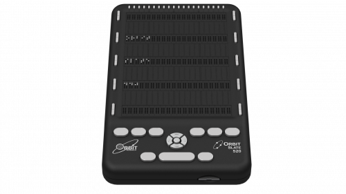 Front view of the Orbit Slate 520 device showcasing its features: Cursor routing keys, Braille display, Panning keys and Perkin Style Keyboard