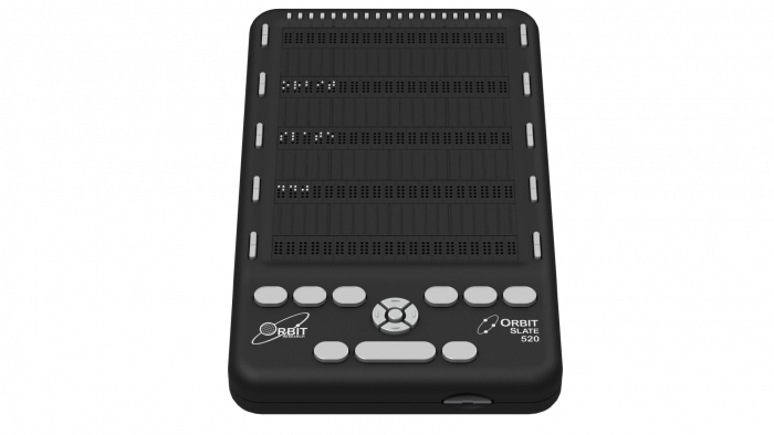 Front view of the Orbit Slate 520 device showcasing its features: Cursor routing keys, Braille display, Panning keys and Perkin Style Keyboard