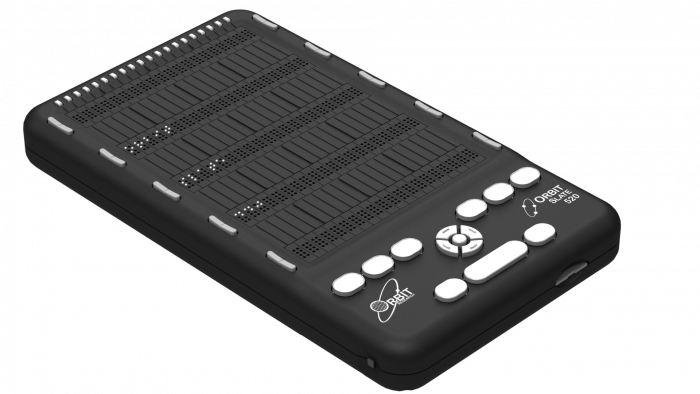 Right side Isometric view of the Orbit Slate 520 device, showcasing the cursor routing key, braille display, panning keys and Perkins Style Keyboard
