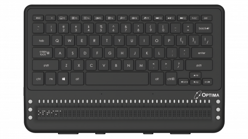 Optima device displaying braille display, cursor routing keys, panning keys and QWERTY keyboard