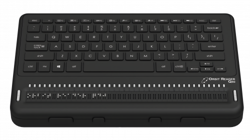 Front view of the Orbit Q40 device showcasing its features: Cursor routing keys, Braille display, Panning Keys and QWERTY keyboard.