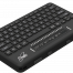 Photo showing an angled perspective view of the Orbit Reader Q20 Refreshable 20-cell Braille Display with an integrated QWERTY keyboard. Shows the words "Orbit Reader Q20" in braille on the braille display. The picture shows the QWERTY keyboard on top of the unit, along with cursor routing buttons. On the front of the unit are 4 thumb keys for navigation and the left side of the unit shows a USB host port.