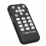 Image of a black orbit player control labeled "Orbit Player." The remote features a numeric keypad with buttons for numbers 0-9, an "OK" button, directional arrows, and additional function buttons such as home and media control. The design is modern, with a textured grip and white text and buttons, set against a black background. It also show on the left side view of the device the SD card and USB port slot for charging.