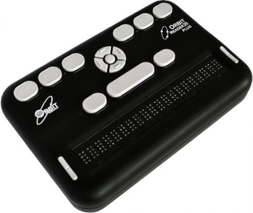 Photo showing angled view of the Orbit Reader 20 Plus. The picture shows the Perkins-style keyboard on top of the unit. On the end of braille display there are rocker keys for navigation.