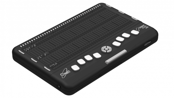Left side Isometric view of the Orbit Slate 340 device, showcasing the cursor routing key, braille display, panning keys and Perkins Style Keyboard