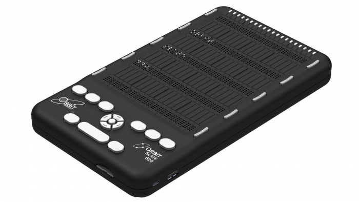 Left side Isometric view of the Orbit Slate 520 device, showcasing the cursor routing key, braille display, panning keys and Perkins Style Keyboard