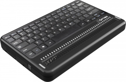Photo showing an angled perspective view of the Optima Braille Display with an integrated QWERTY keyboard. Shows the words "Optima" in braille on the braille display. The picture shows the QWERTY keyboard on top of the unit, along with cursor routing buttons and rocker keys at the end of the display. On the left side is an audio jack and, a USB C port for charging.