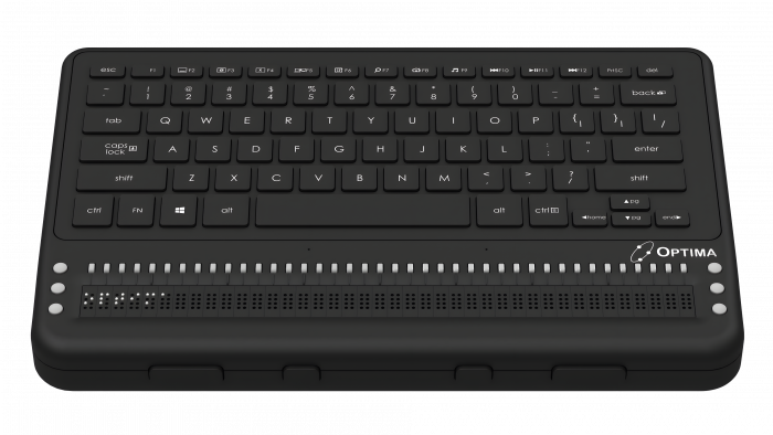 Front view of the Optima device showcasing its features: Cursor routing keys, Braille display, Panning keys and QWERTY Keyboard