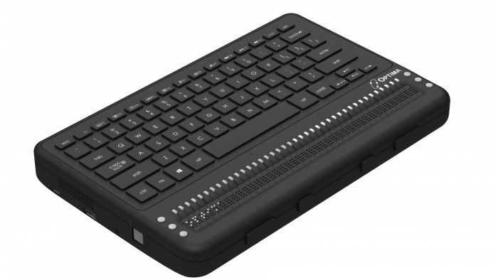 Left side Isometric view of the Optima device, showcasing the cursor routing key, braille display, Panning buttons and QWERTY keyboard.