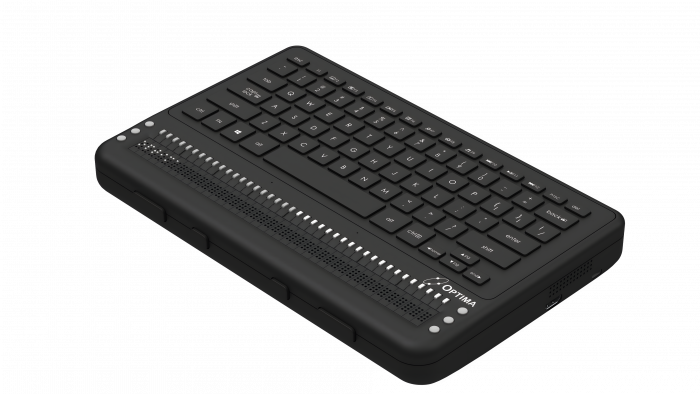 Right side Isometric view of the Optima device, showcasing the cursor routing key, braille display, Panning buttons and QWERTY keyboard.