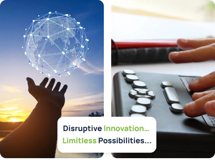 A hand reaches up towards a glowing globe made of interconnected lines, set against a sunset sky. The text "Disruptive Innovation... Limitless Possibilities..." is overlaid on the image.