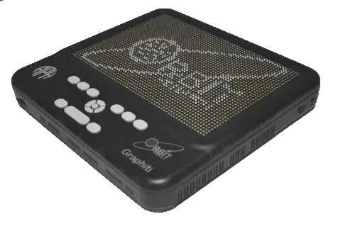 Photo showing an angled perspective view of the Graphiti Tactile braille display. Shows the words "Orbit Research Logo" in braille on the braille display. The picture shows the Perkins-style keyboard on top of the unit. The right side of the unit shows a power-on button and Audio Jack. On the left side, it also shows the SD card slot and LED light.