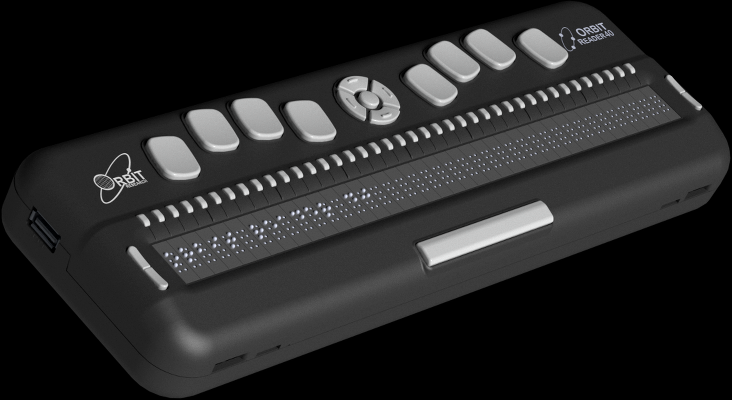 Photo showing front view of the orbit reader 40 with cursor routing button on top and on side USB A drive port