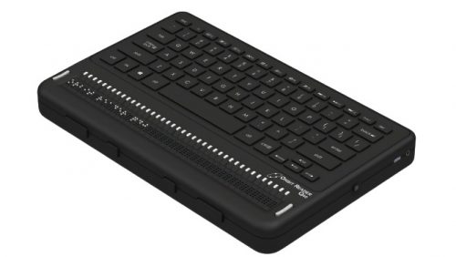 Photo showing an angled perspective view of the Orbit Reader Q40 Refreshable 40-cell Braille Display with an integrated QWERTY keyboard. Shows the words "Orbit Reader Q40" in braille on the braille display. The picture shows the QWERTY keyboard on top of the unit, along with cursor routing buttons. On the front of the unit are 4 thumb keys for navigation and on the right side it shows the power button, USB C port and audio jack.