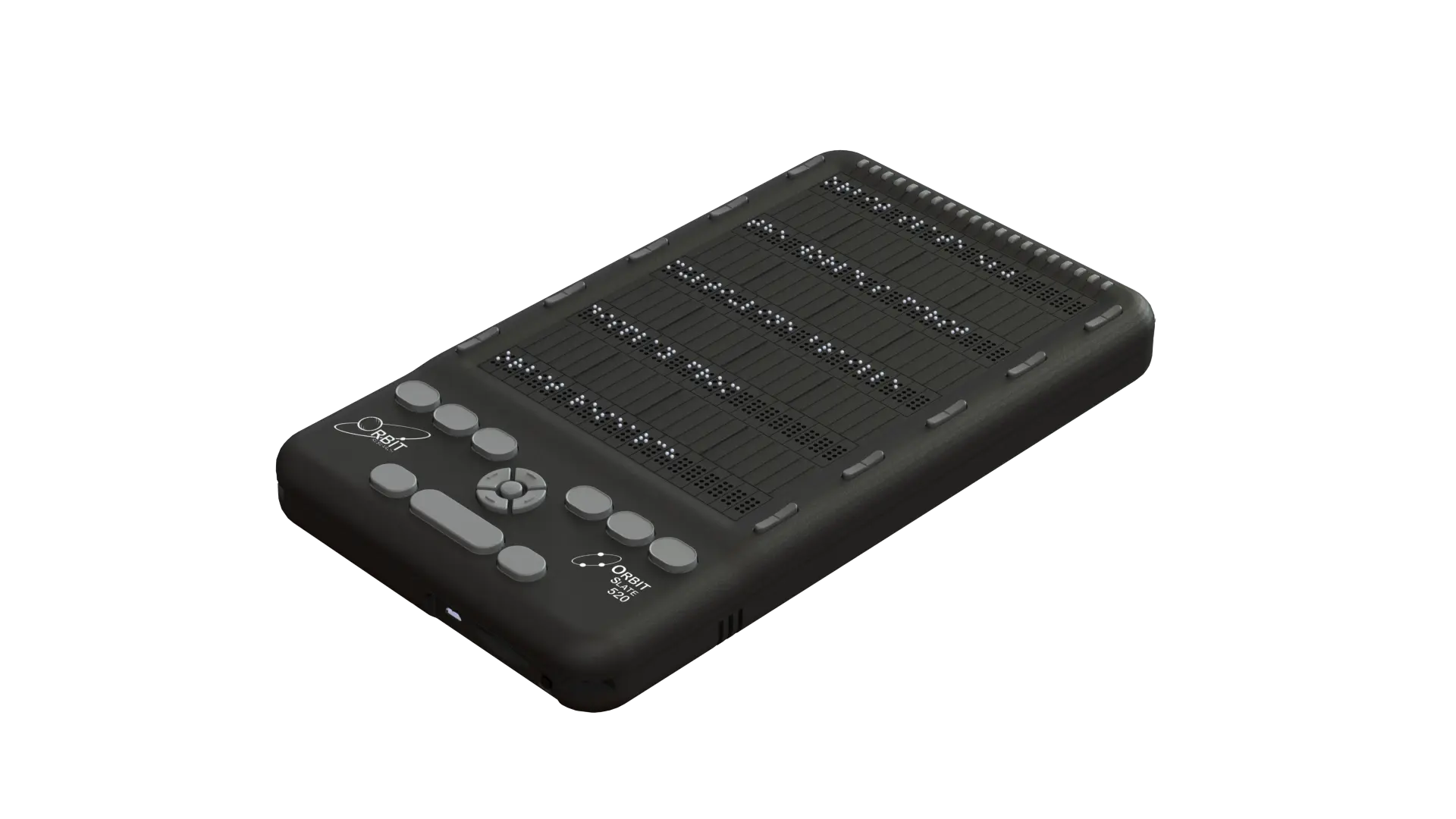 Photo showing an angled perspective view of the Orbit Slate 520 Braille Display with perkins style keyboard. Shows the words "Orbit slate 340 in braille on the braille display. The picture shows the keyboard on top of the unit, along with cursor routing buttons and power button on the side view.