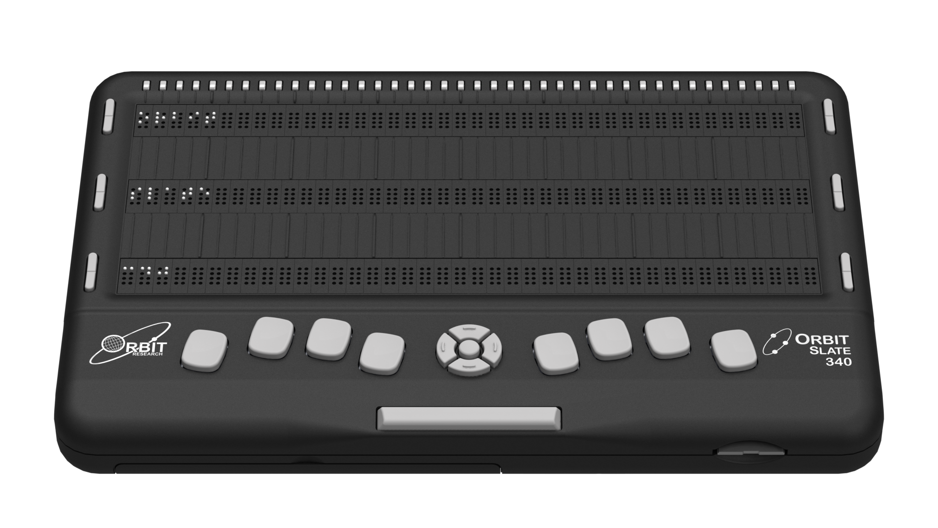 Photo showing front perspective view of the Orbit Slate 340 Braille Display with perkins style keyboard. Shows the words "Orbit slate 340 in braille on the braille display. The picture shows the keyboard on top of the unit, along with cursor routing buttons with SD card slot on side.