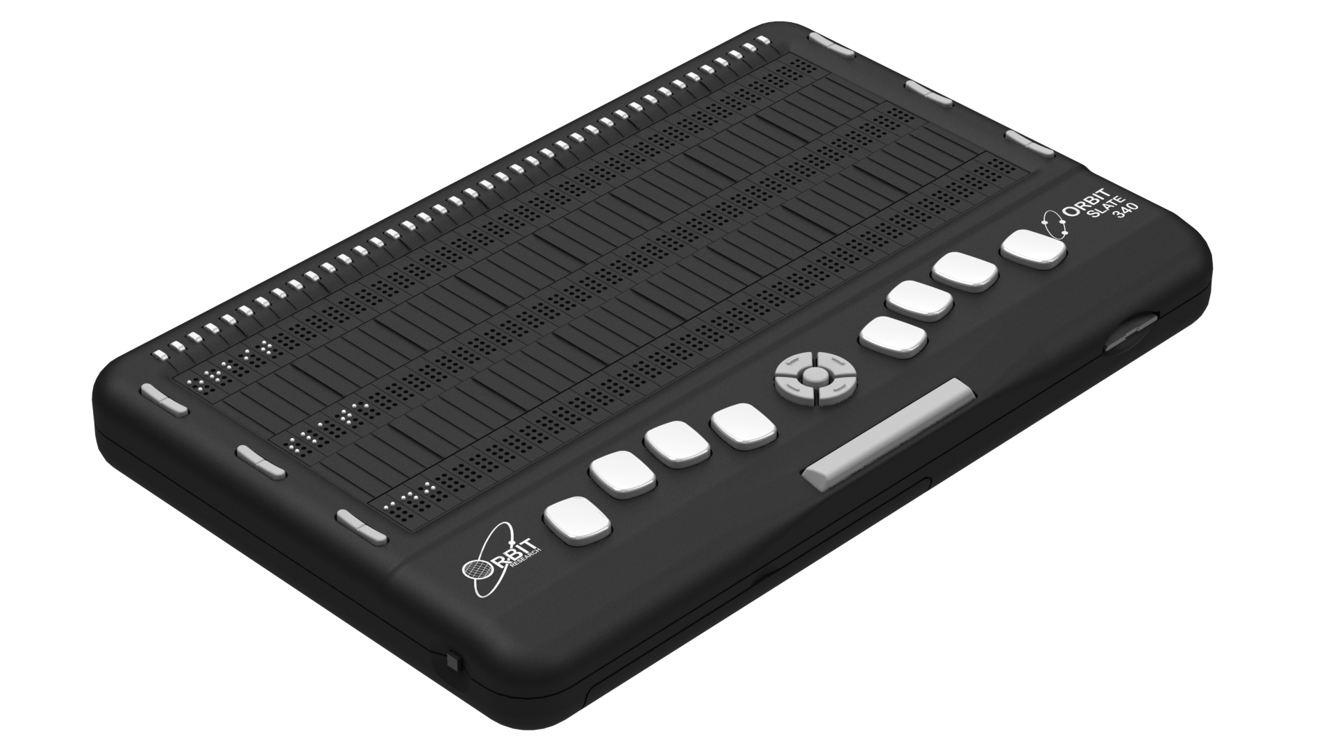 Photo showing an angled perspective view of the Orbit Slate 340 Braille Display with perkins style keyboard. Shows the words "Orbit slate 340 in braille on the braille display. The picture shows the keyboard on top of the unit, along with cursor routing buttons and power button on the side view.