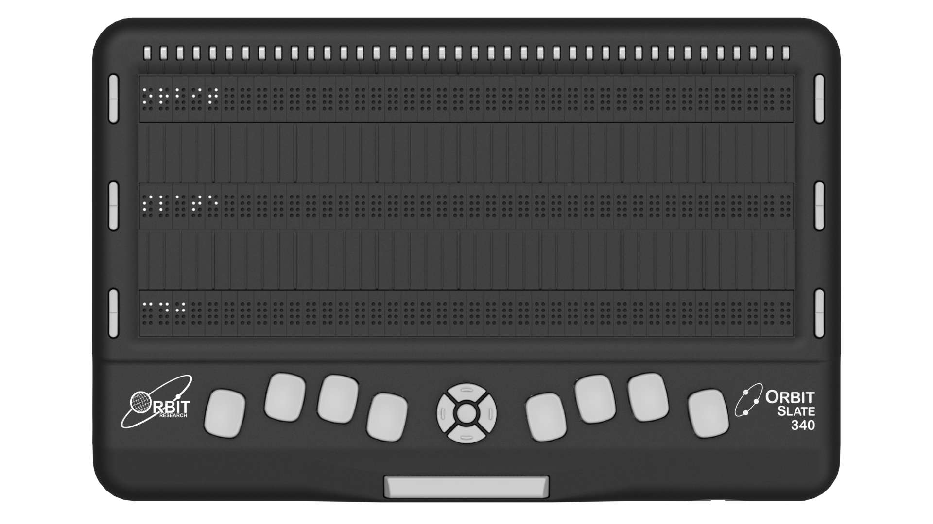 Photo showing front perspective view of the Orbit Slate 340 Braille Display with perkins style keyboard. Shows the words "Orbit slate 340 in braille on the braille display. The picture shows the keyboard on top of the unit, along with cursor routing buttons.