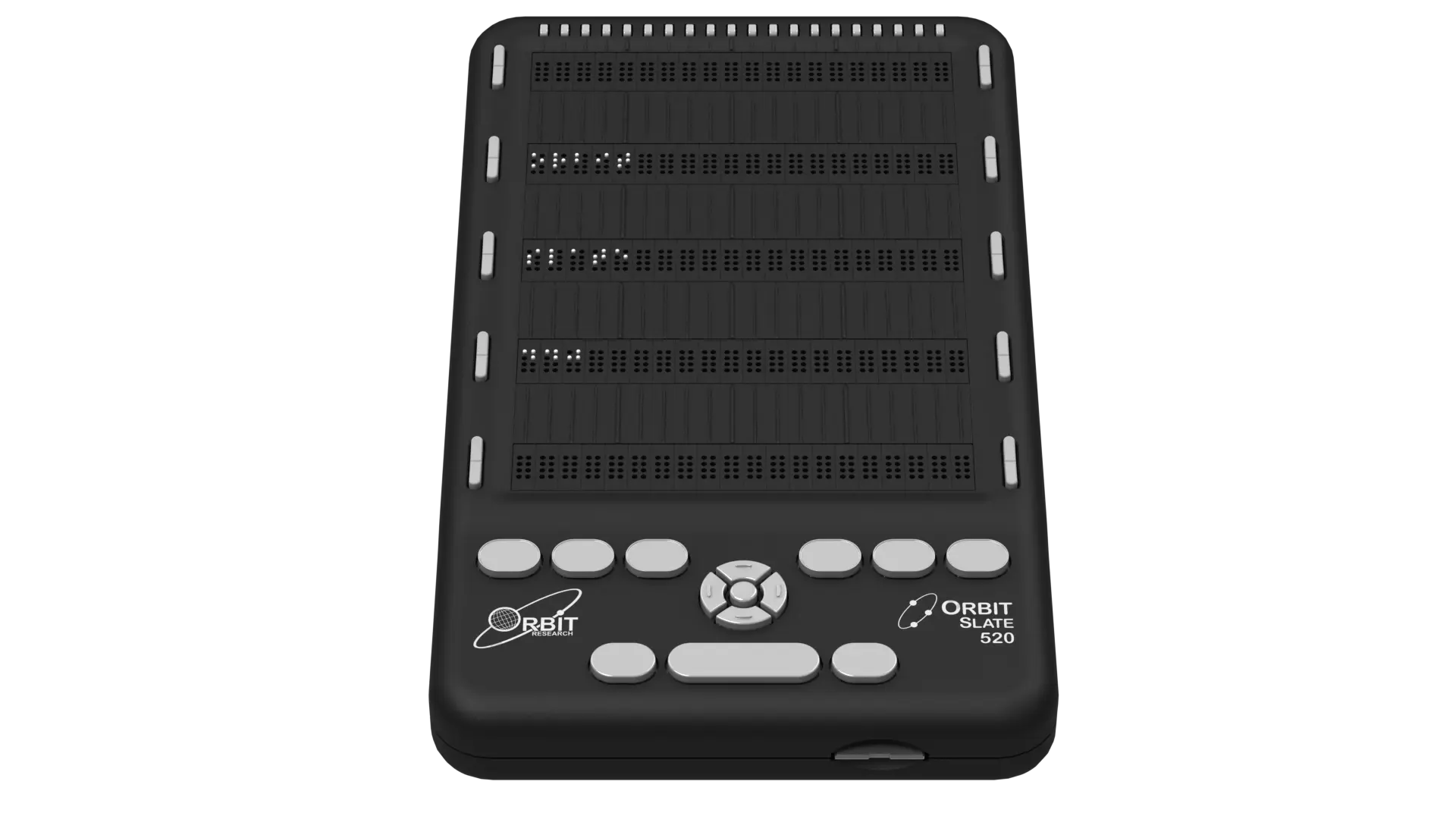 Photo showing front perspective view of the Orbit Slate 340 Braille Display with perkins style keyboard. Shows the words "Orbit slate 520 in braille on the braille display. The picture shows the keyboard on top of the unit, along with cursor routing buttons.