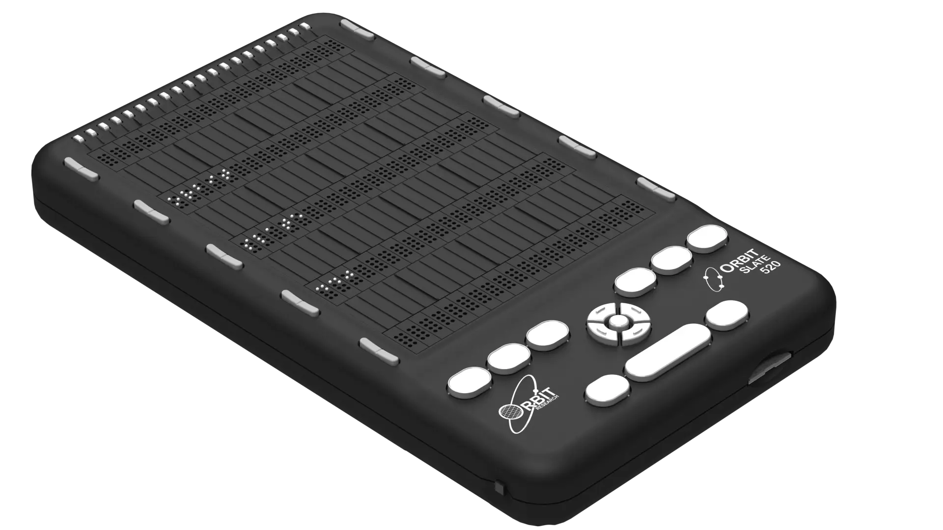Photo showing an angled perspective view of the Orbit Slate 520 Braille Display with perkins style keyboard. Shows the words "Orbit slate 340 in braille on the braille display. The picture shows the keyboard on top of the unit, along with cursor routing buttons and power button on the side view.
