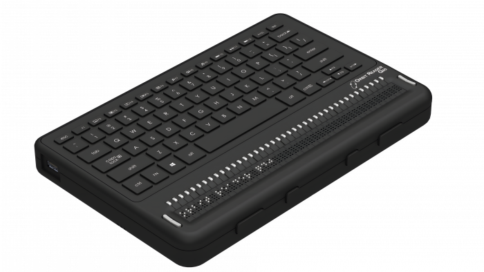 Left side Isometric view of the Orbit Q40 device, showcasing the cursor routing key, braille display, Panning keys and QWERTY keyboard.