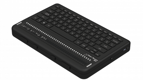 Right side Isometric view of the Orbit Q40 device, showcasing the cursor routing key, braille display, Panning keys and QWERTY keyboard.