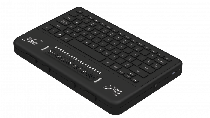 Right side Isometric view of the Orbit Q20 device, showcasing the cursor routing key, braille display, and QWERTY keyboard.