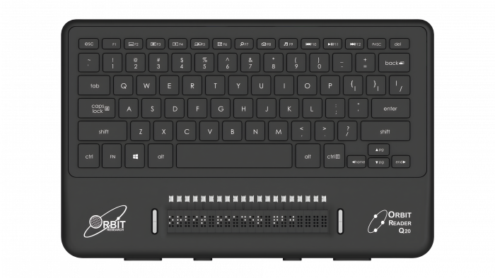 Q20 device displaying braille display, cursor routing keys, panning keys, and QWERTY keyboard
