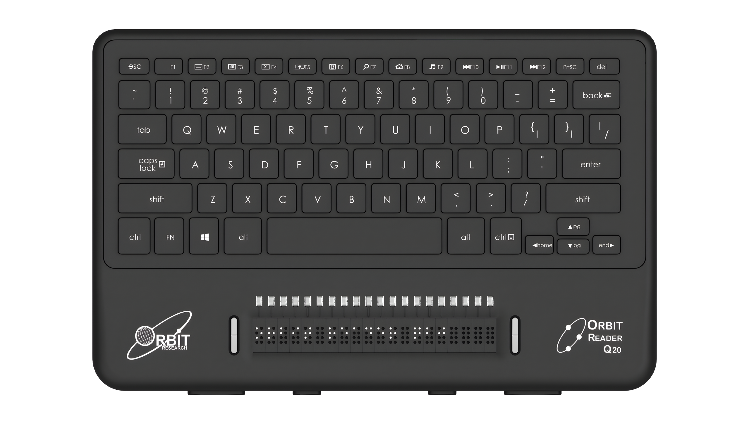 Photo showing an angled perspective view of the Orbit Reader Q40 Refreshable 40-cell Braille Display with an integrated QWERTY keyboard. Shows the words "Orbit Reader Q20" in braille on the braille display. The picture shows the QWERTY keyboard on top of the unit, along with cursor routing buttons.