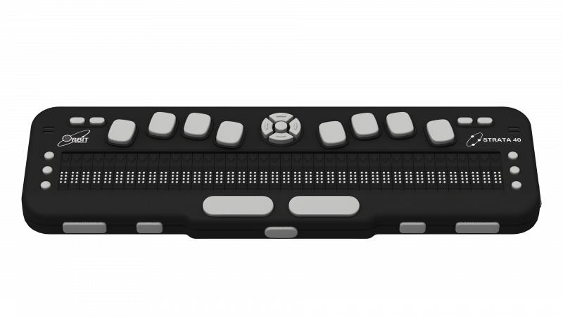 Photo showing the Front view of the Strata 40 Braille Display. The picture shows the 40 braille cells on top of the unit, along with cursor routing buttons and six panning keys at each end of the display. There are four function keys on both sides, eight dot keys, and four navigation keys with a select key. Dual speakers are positioned on each side of the device. Five thumb navigation keys and two space keys are visible in the front.