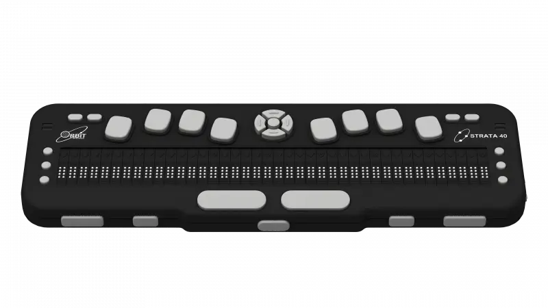 Photo showing the Front view of the Strata 40 Braille Display. The picture shows the 40 braille cells on top of the unit, along with cursor routing buttons and six panning keys at each end of the display. There are four function keys on both sides, eight dot keys, and four navigation keys with a select key. Dual speakers are positioned on each side of the device. Five thumb navigation keys and two space keys are visible in the front.