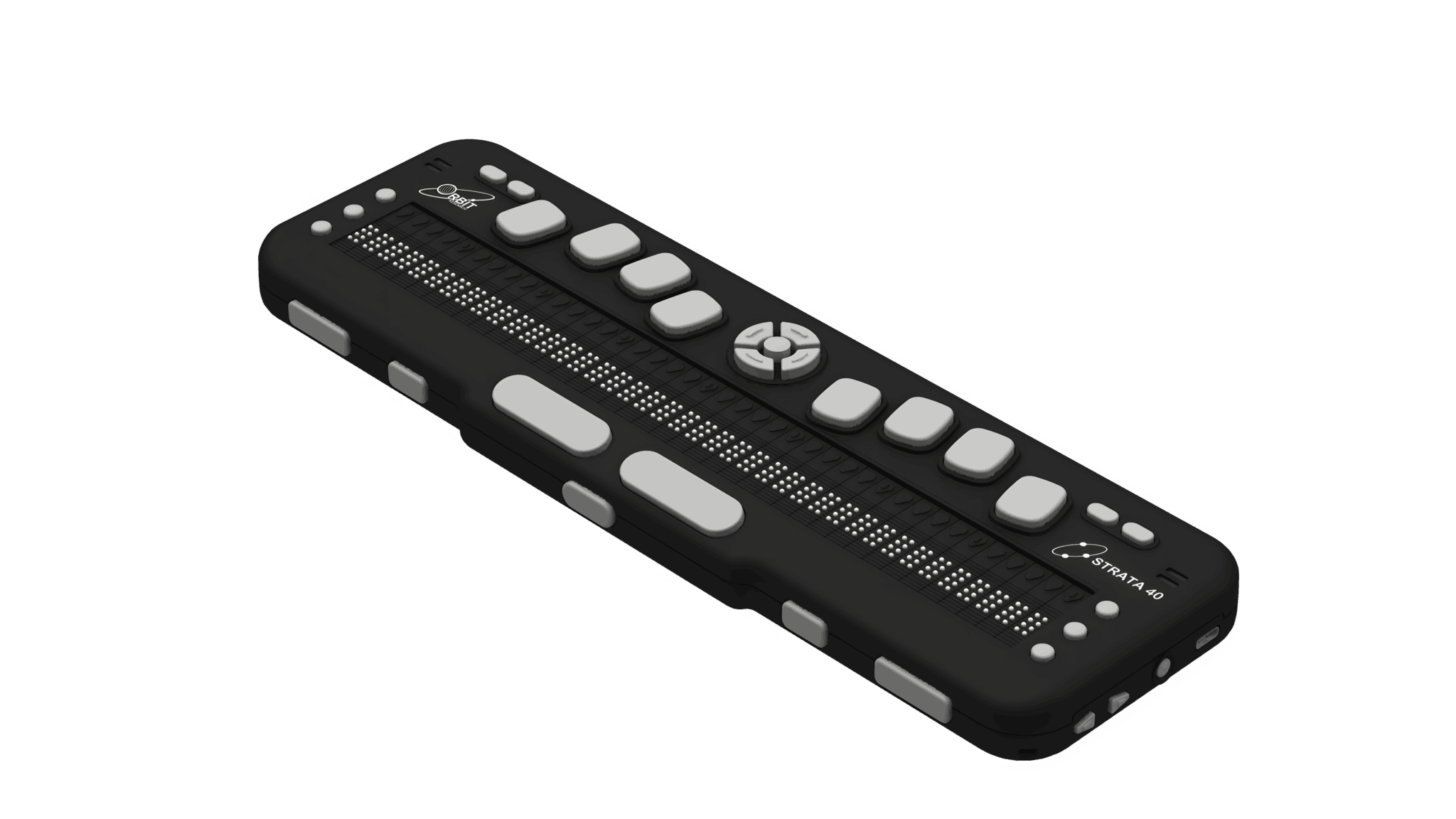 Photo showing an other angled perspective view of the Strata 40 Braille Display. The picture shows the 40 braille cells on top of the unit, along with cursor routing buttons and six panning keys at each end of the display. There are four function keys on both sides, eight dot keys, and four navigation keys with a select key. Dual speakers are positioned on each side of the device. On the right side, there is a USB-C port for charging, one power ON/OFF key, and two volume keys. Five thumb navigation keys and two space keys are visible in the front