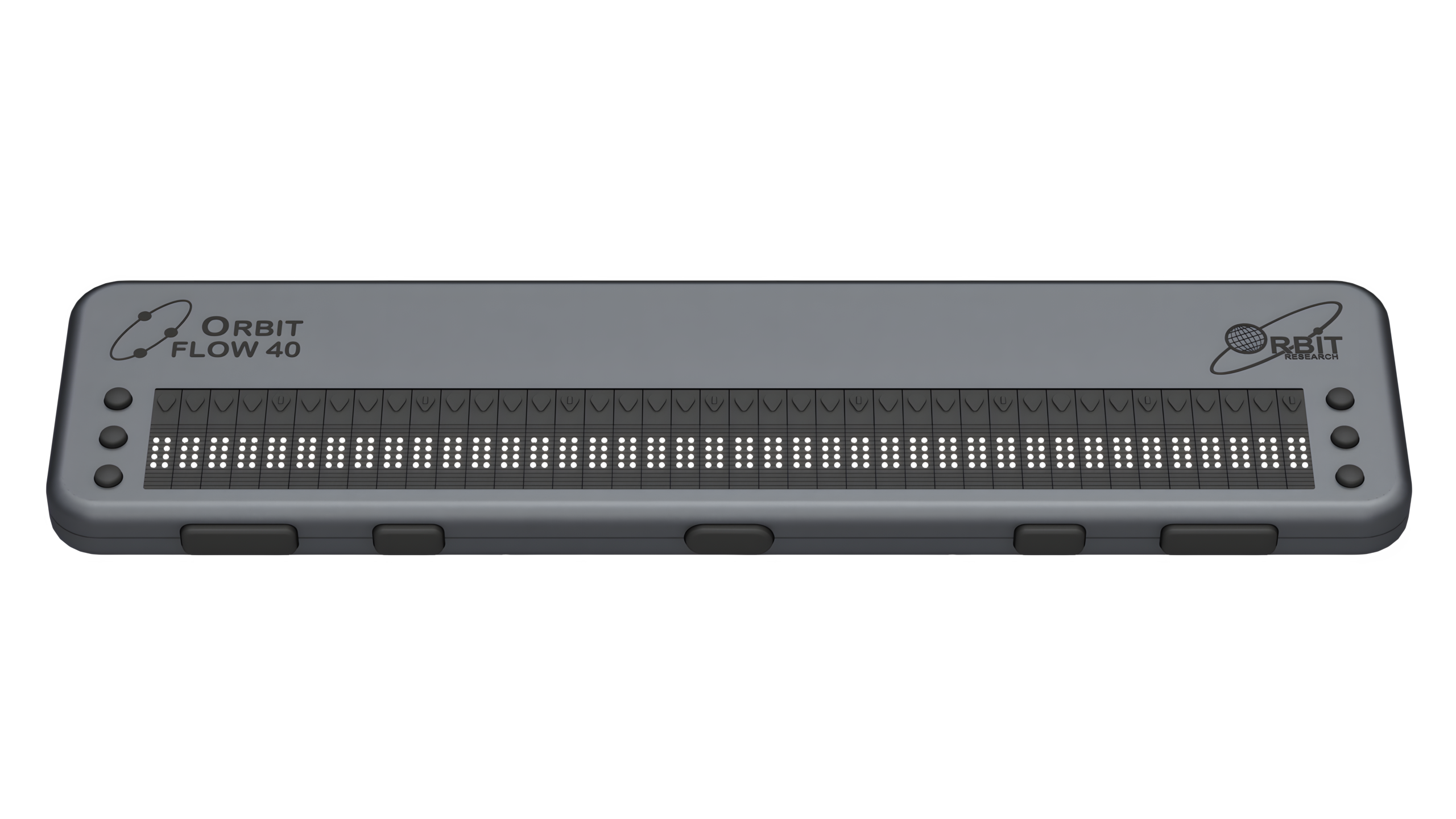 Photo showing front perspective view of the Orbit Flow 40 Braille Display. The picture shows the braille cells on top of the unit, along with cursor routing buttons and six panning keys at each end of the display. On the left side is a USB C port for charging. Five thumb navigation keys are visible in the front