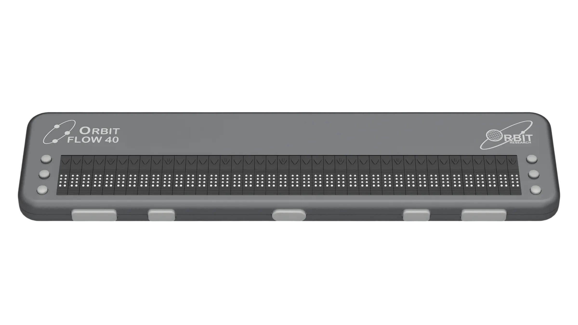 Photo showing the Front view of the Orbit Flow 40 Braille Display. The picture shows the braille cells on top of the unit, along with cursor routing buttons and six panning keys at each end of the display. Five thumb navigation keys are visible in the front