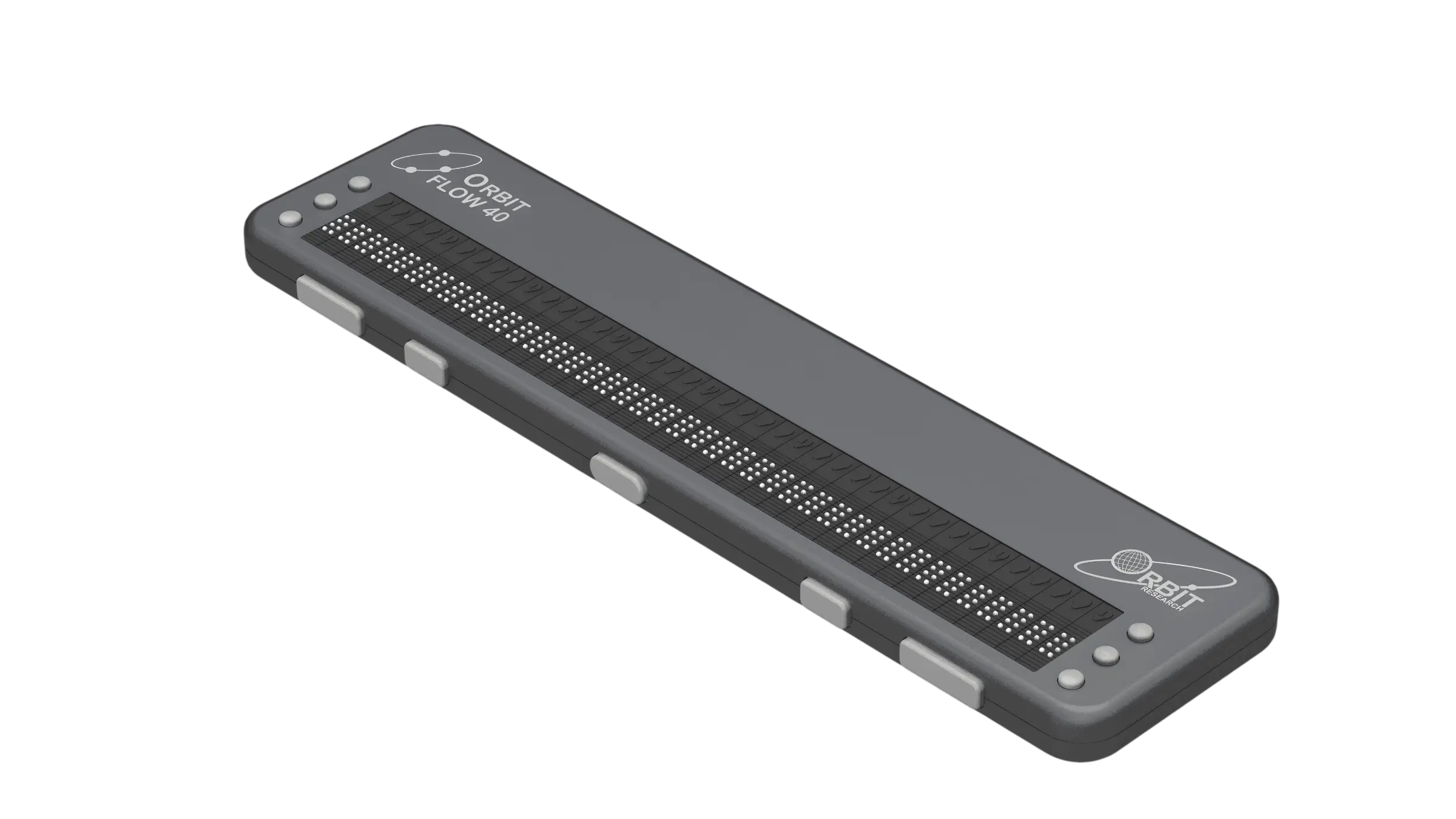 Photo showing an angled perspective view of the Orbit Flow 40 Braille Display. The picture shows the braille cells on top of the unit, along with cursor routing buttons and six panning keys at each end of the display. On the left side is a USB C port for charging. Five thumb navigation keys are visible in the front