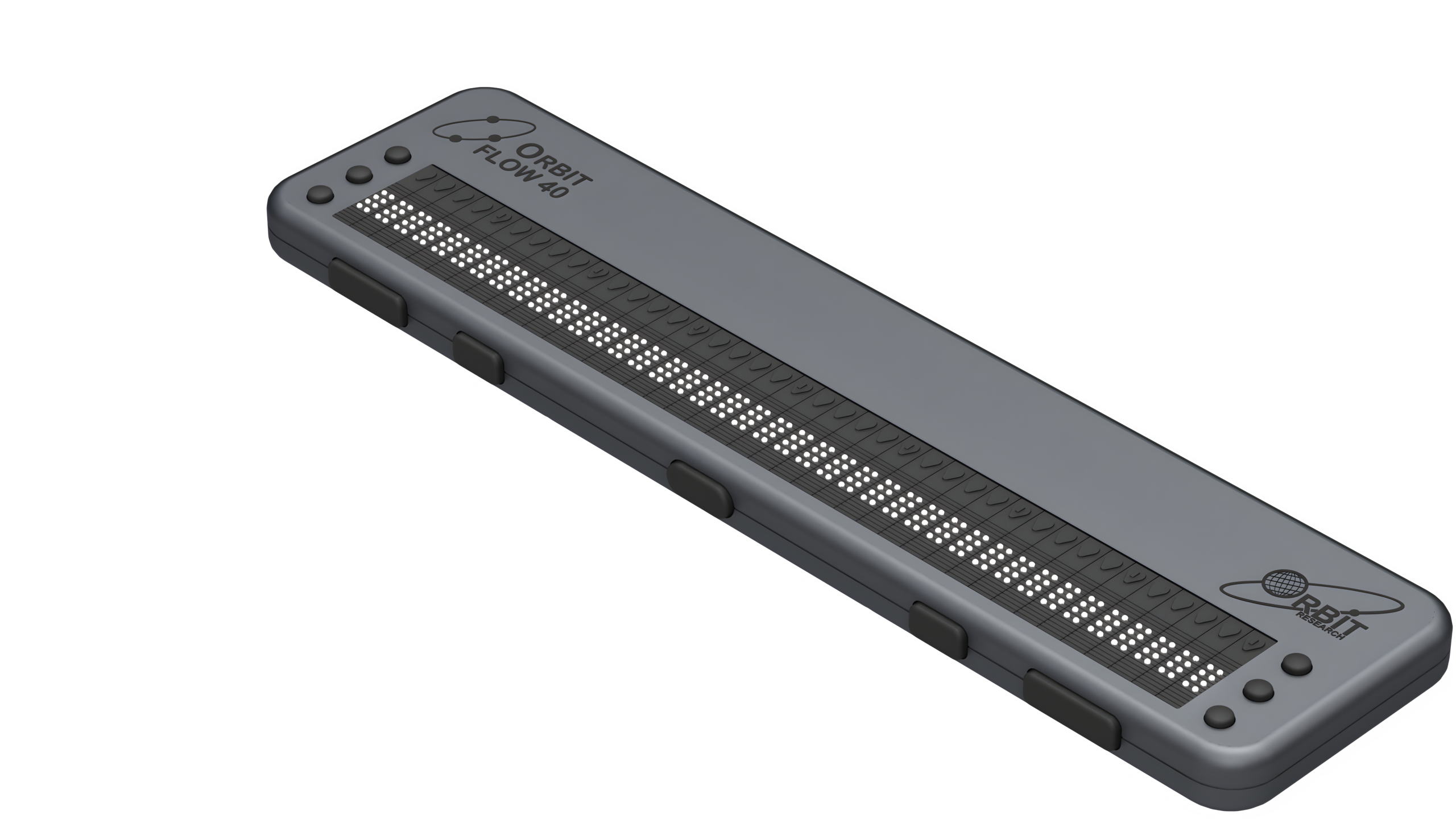 Photo showing an angled perspective view of the Orbit Flow 40 Braille Display. The picture shows the braille cells on top of the unit, along with cursor routing buttons and six panning keys at each end of the display. On the left side is a USB C port for charging. Five thumb navigation keys are visible in the front