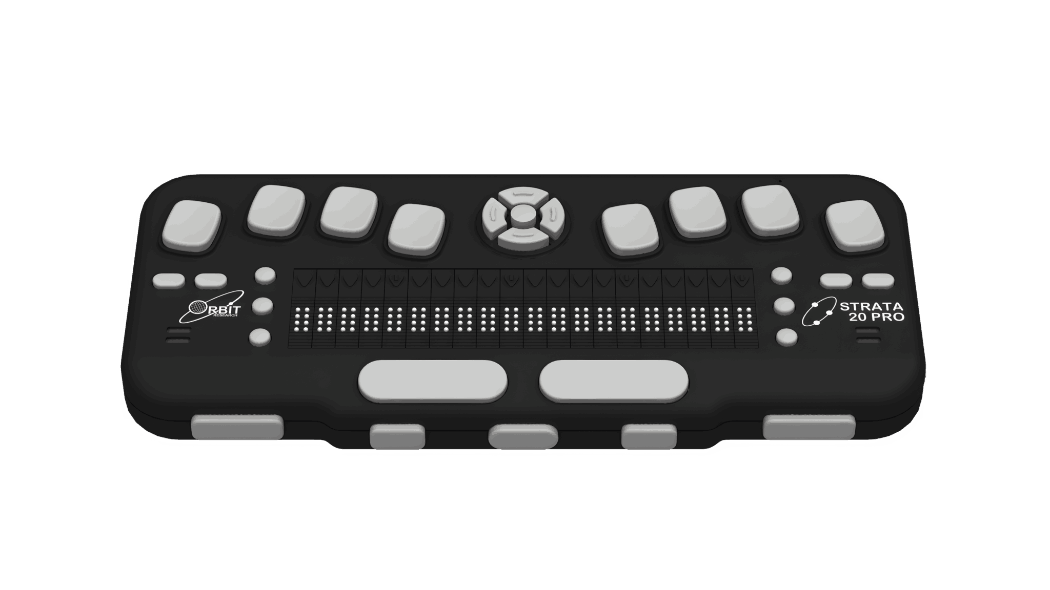 Photo showing the Front view of the Strata 20 Pro Braille Display. The picture shows the 20 braille cells on top of the unit, along with cursor routing buttons and six panning keys at each end of the display. There are four function keys on both sides, eight dot keys, and four navigation keys with a select key. Dual speakers are positioned on each side of the device. Five thumb navigation keys and two space keys are visible in the front