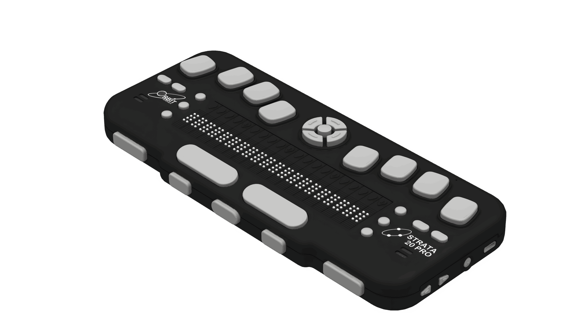 Photo showing an angled perspective view of the Strata 20 Pro Braille Display. The picture shows the 20 braille cells on top of the unit, along with cursor routing buttons and six panning keys at each end of the display. There are four function keys on both sides, eight dot keys, and four navigation keys with a select key. Dual speakers are positioned on each side of the device. On the left side, there is an audio jack. Five thumb navigation keys and two space keys are visible in the front.