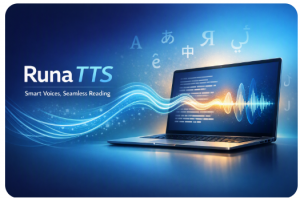 Runa TTS graphic with a laptop, multilingual characters, and an audio wave representing text-to-speech.